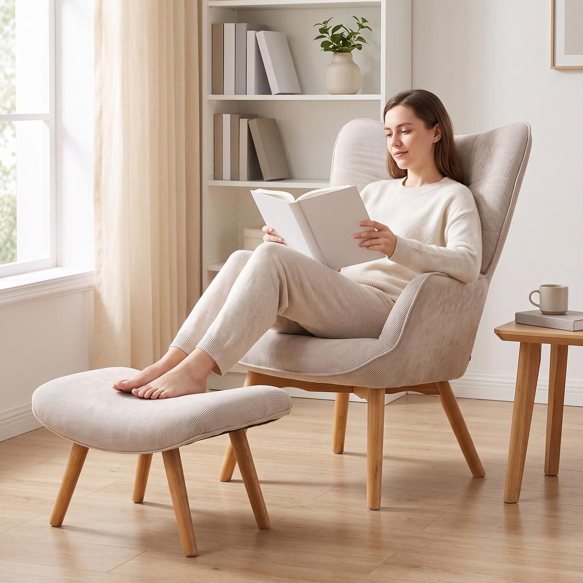 ÖRONLAPPSFÅTÖLJ med pall, relaxfåtölj, stoppad fåtölj i manchester-look, med träben - Naturfärgad/Beige, Bokträ/Textil (80/101/72cm) - HOMCOM