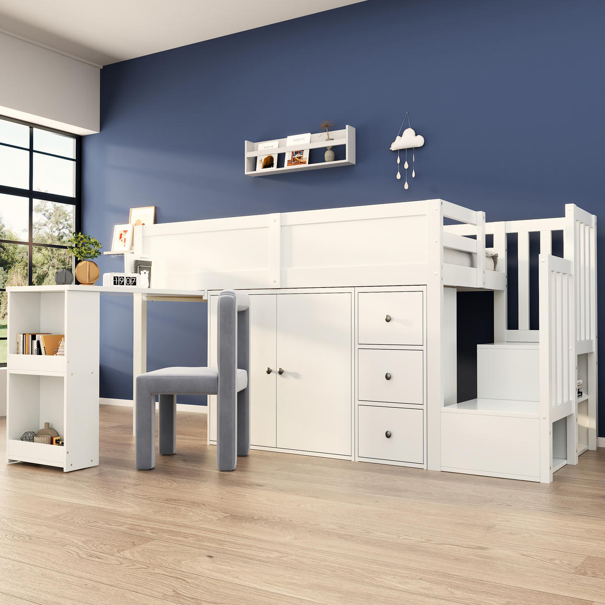 KINDERBETT 90x200cm Weiß Mit Schreibtisch Schrank Schublade Treppe - Weiß, Holzwerkstoff (90/200cm) - FLIEKS