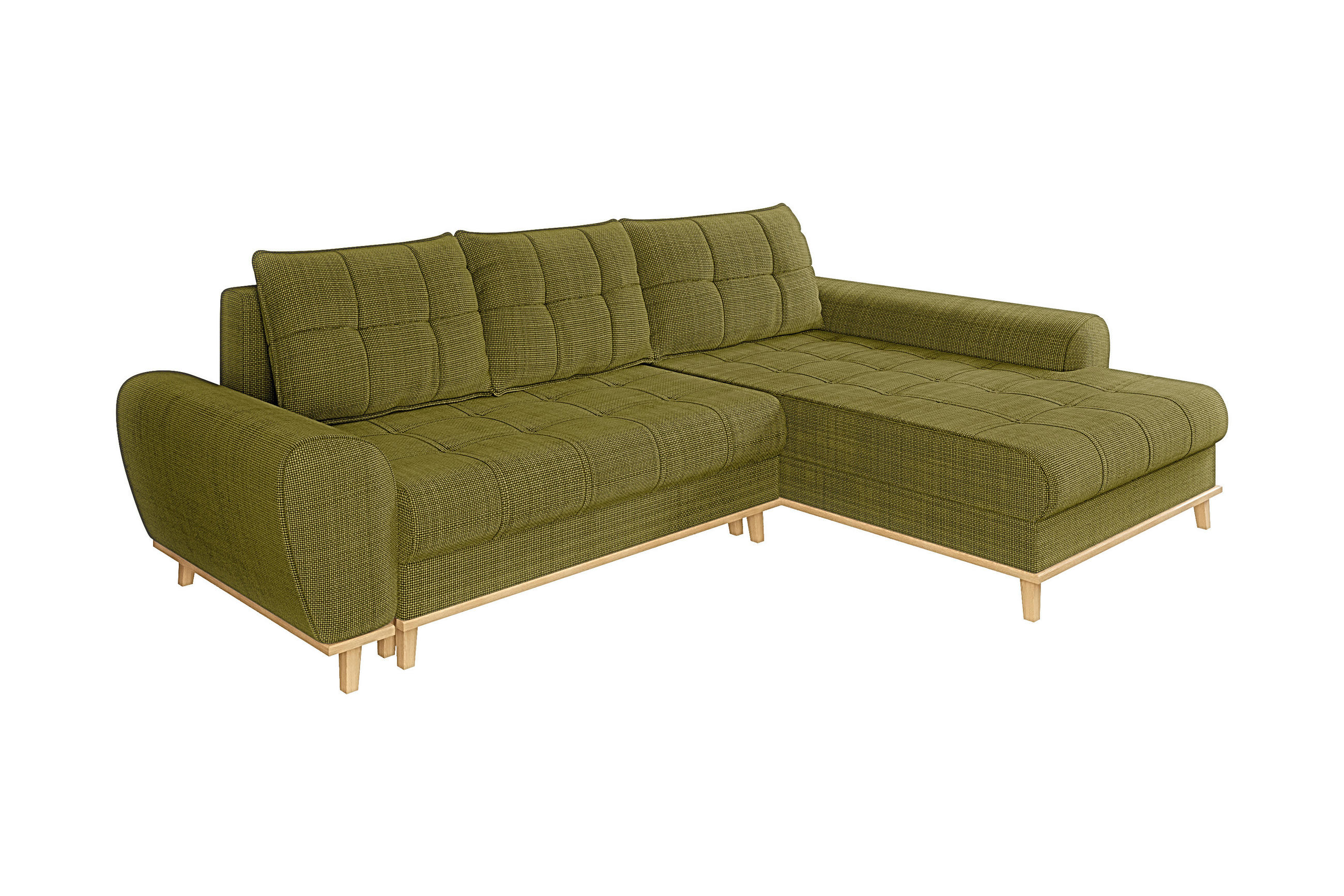 ECKSOFA im Scandi-Stil, Schlaffunktion, Bettkasten B268/T175/H86 cm, Ottomane rechts, Liegefl. 128x209 cm, Bouclé Chenille Stoff in Grün / 21015 - Eichefarben/Grün, Holz/Textil (268/175cm) - luma-home