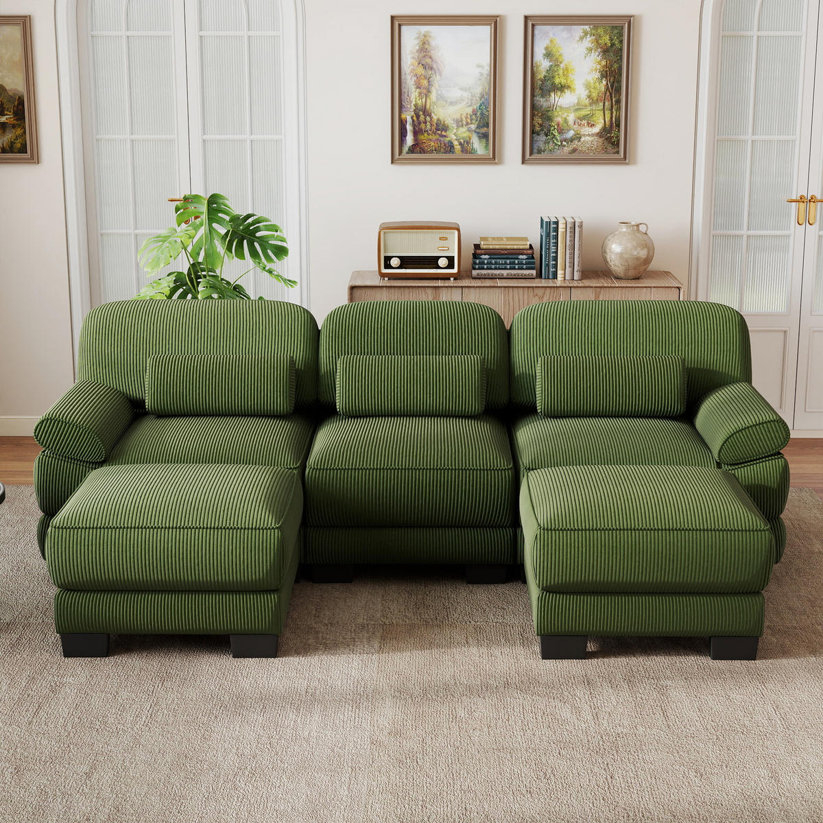 WOHNLANDSCHAFT 3-Sitzer U-Form mit 2 Hockern, DE-42659, Grün - Grün, Holz (265/94/161cm) - ComfortXL