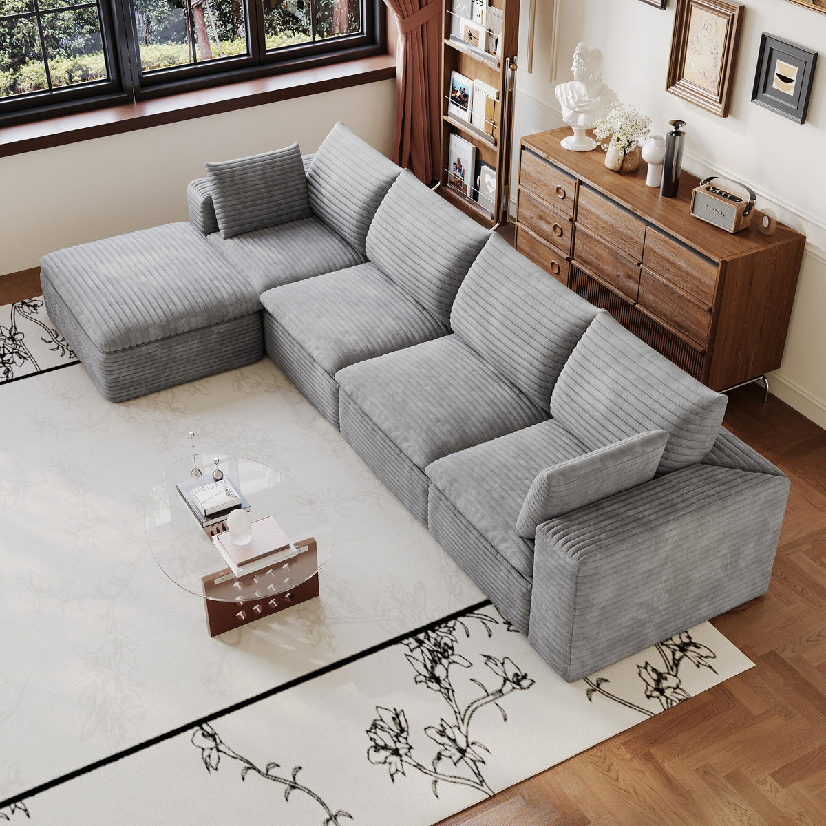 ECKSOFA DE-34773 4-Sitzer mit ottomane Grau - Grau, Textil (160/340cm) - ComfortXL