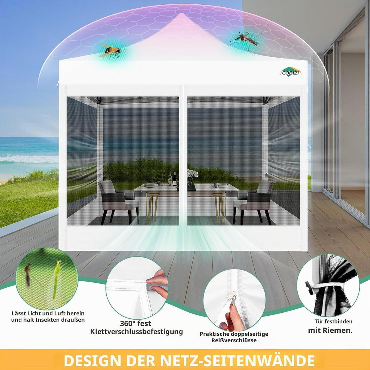 GARTENPAVILLON 3x3m Wasserdicht mit 4 Netz-Seitenwänden Weiß - Weiß, Textil (300/335/300cm)
