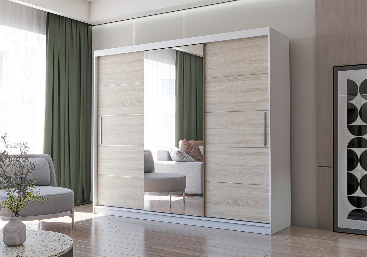 SCHWEBETÜRENSCHRANK Alba Weiß/Sonoma Eiche mit Spiegel, ohne LED Beleuchtung 250 cm - Alufarben/Weiß, Glas/Holzwerkstoff (250/218/61cm) - imoebel24