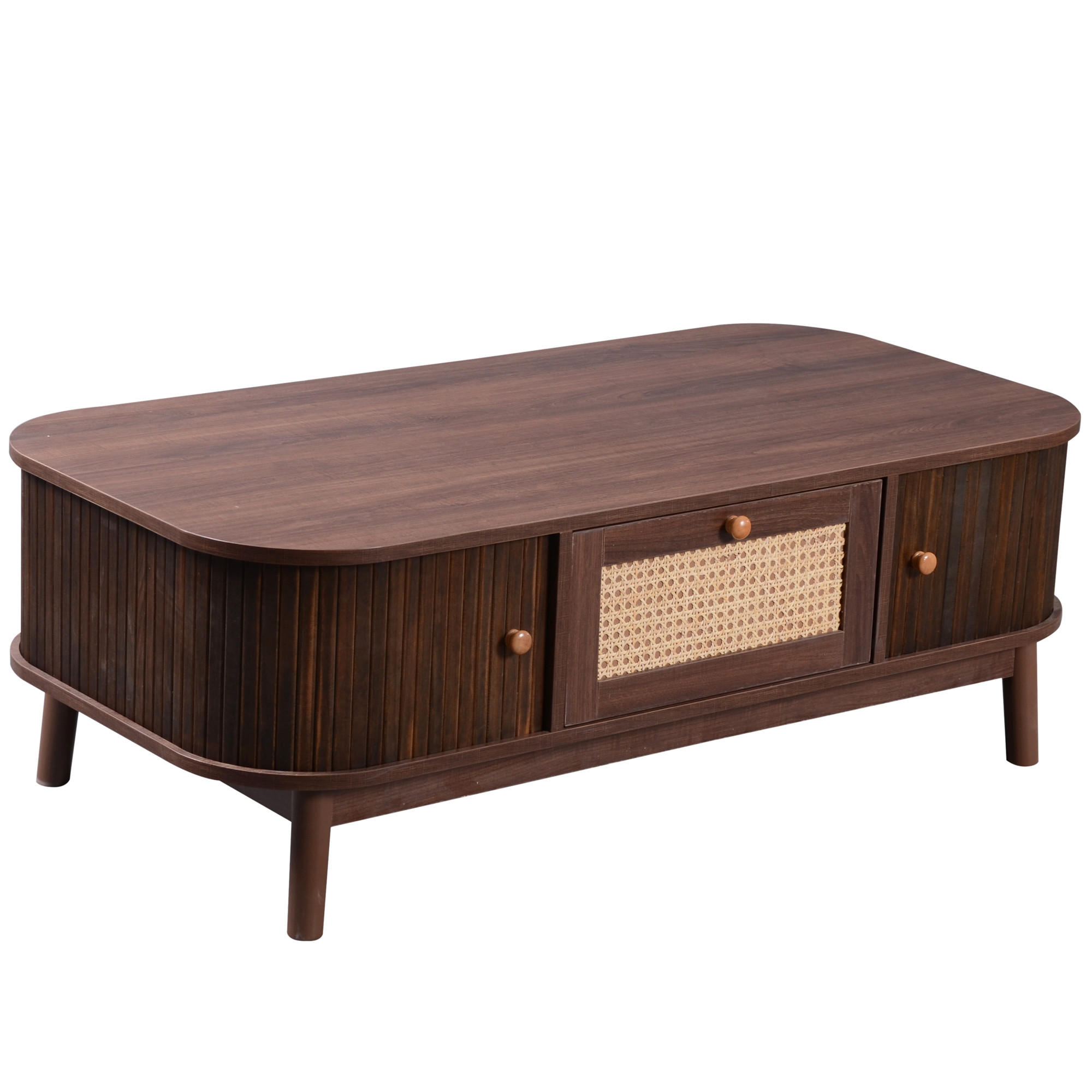 COUCHTISCH DE-37457 rechteckig mit Rattan und Massivholztüren Walnuss - Naturfarben, Holzwerkstoff (55/110/38.5cm) - ComfortXL
