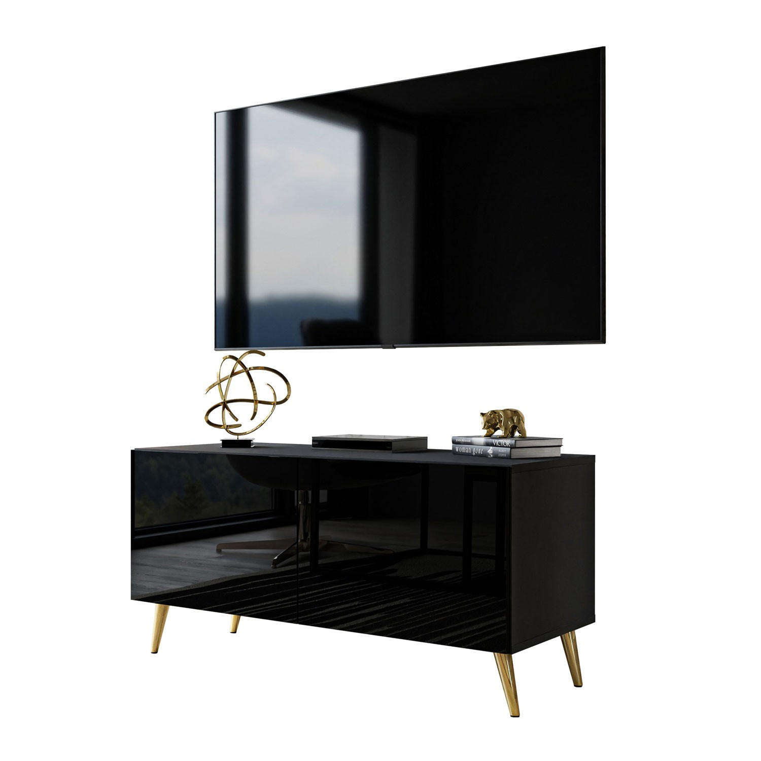 TV-ELEMENT AURA 100 Schwarz Hochglanz – Beinfarbe: Gold - Schwarz, Holzwerkstoff (100/49/40cm) - Lookway