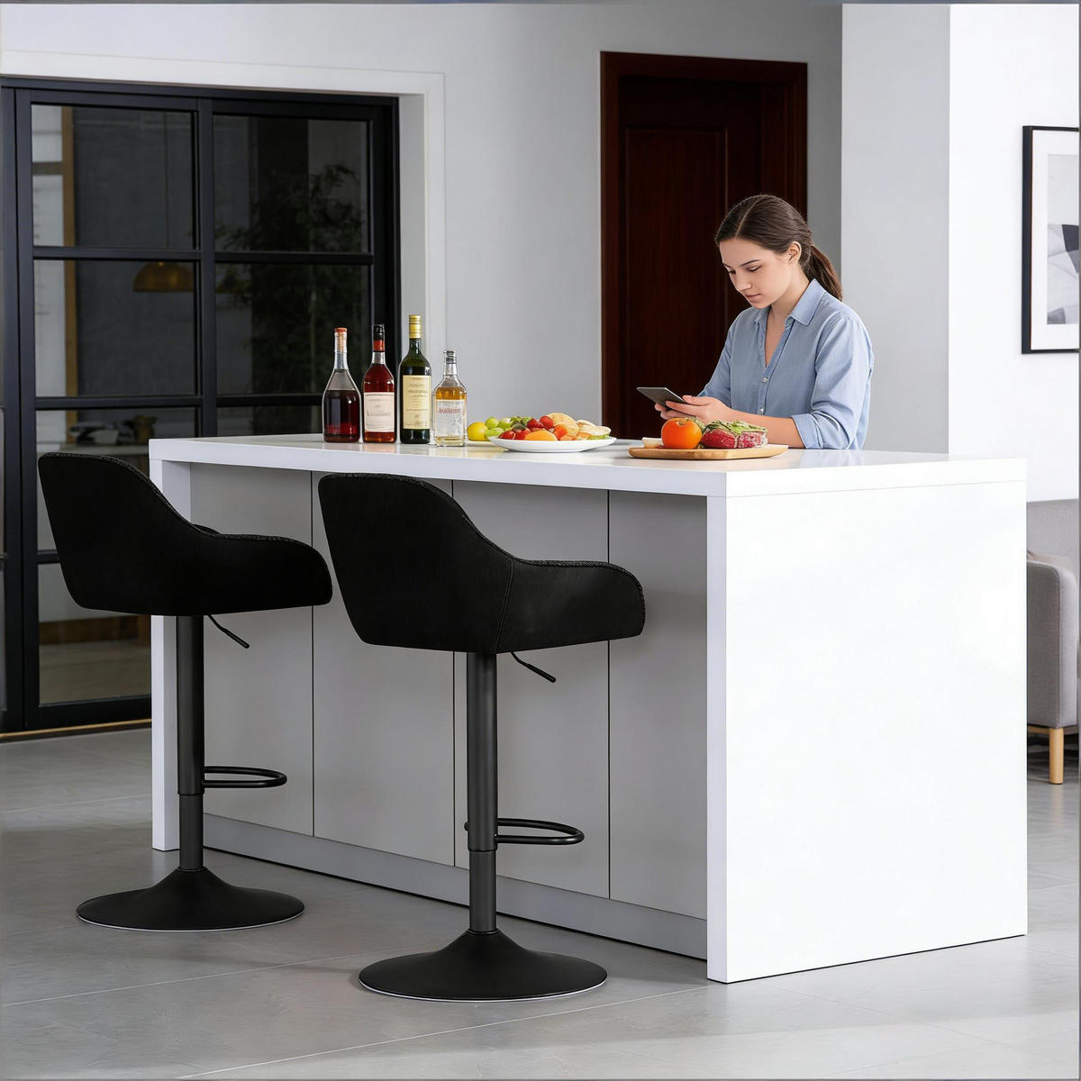 BARHOCKER 2er-Set Schwarz Höhenverstellbar & Drehbar mit Chenille - Schwarz, Metall (50/109/52cm) - PANGIVO