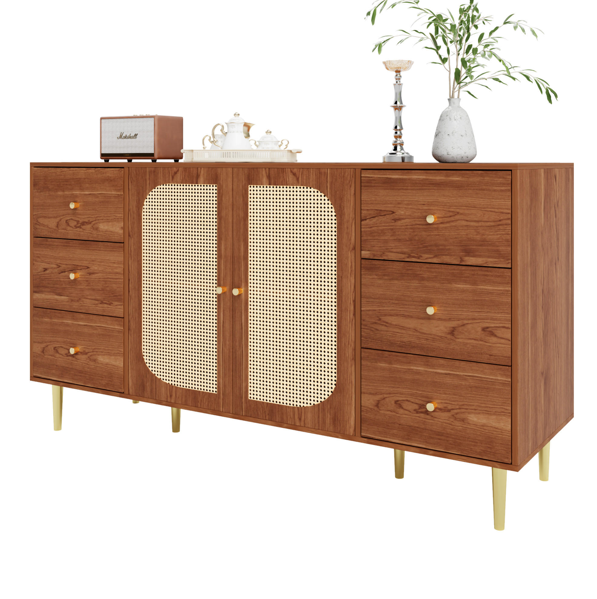 SIDEBOARD 160/40/90 cm, 6 Schubladen und Rattantüren, MDF in Wood-Optik, Naturfarben - Naturfarben, Holzwerkstoff (160/90/40cm) - Redom