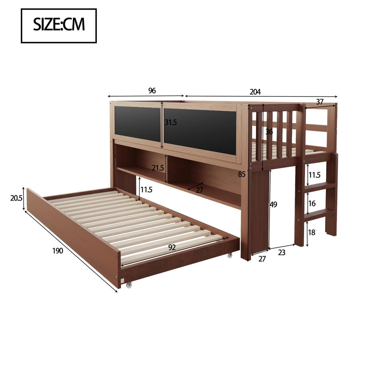 KINDERBETT 90/200 cm mit Rollbett, Stauraum und Tafeloberflächen in Braun - Braun, Holz (90/200cm) - BEAOK