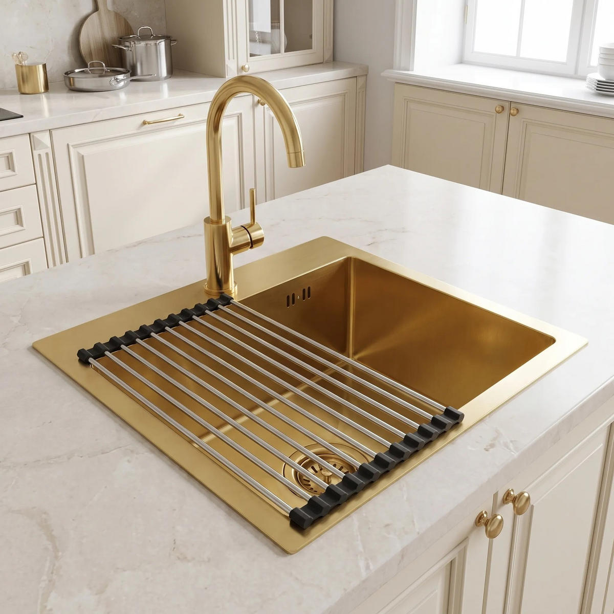 STAHLSPÜLE Mit 3-teiligem Zubehörset Rea Leo 40 Brush Gold Graue Accessoires - Goldfarben, Metall (40/18.5/45cm) - REA