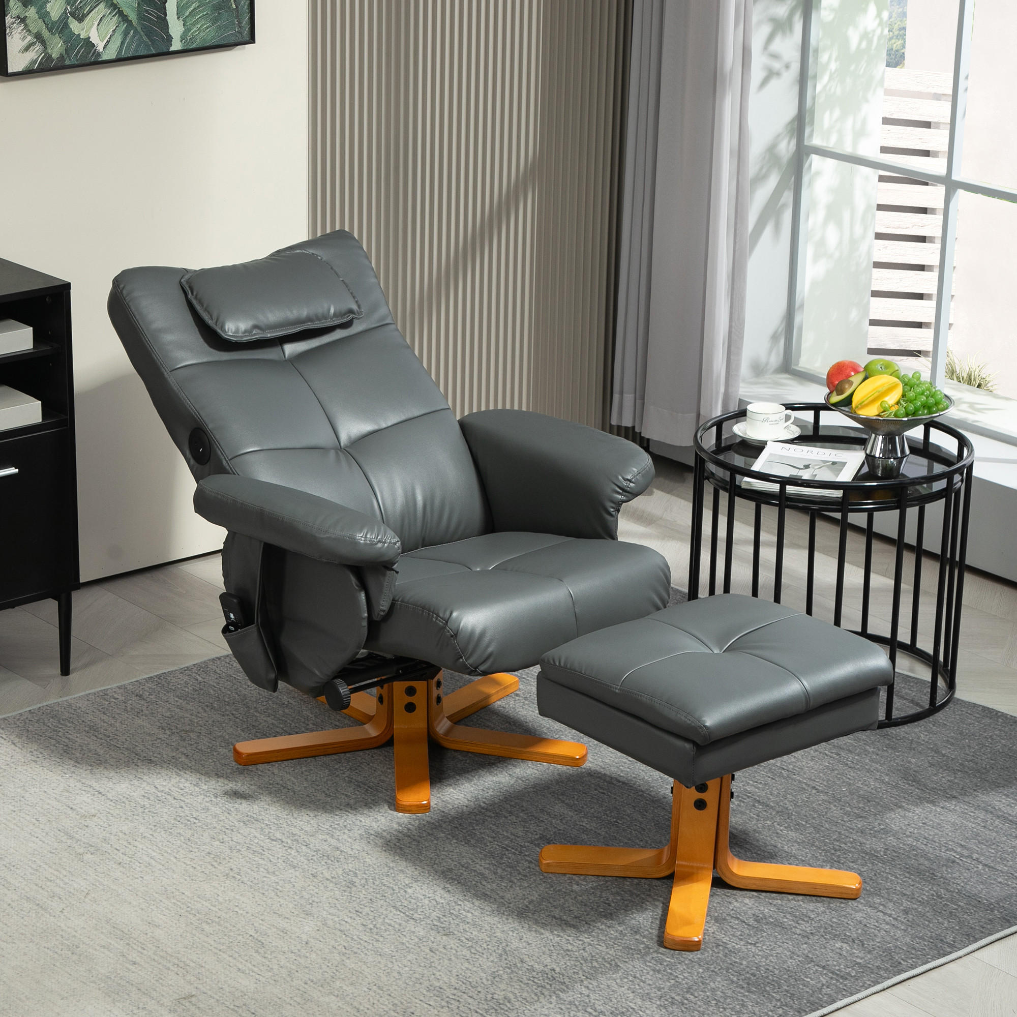 RELAXSESSEL Massagesessel mit Hocker Fernsehsessel mit Liegefunktion Dunkelgrau - Dunkelgrau, Leder (86/93/78cm) - HOMCOM