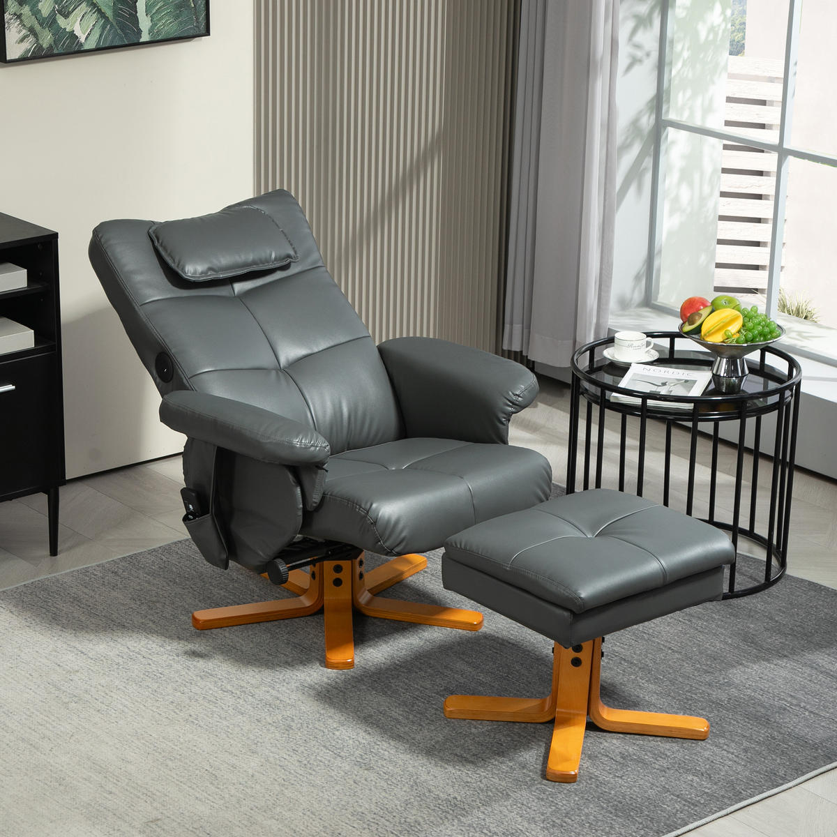 RELAXSESSEL Massagesessel mit Hocker Fernsehsessel mit Liegefunktion Dunkelgrau - Dunkelgrau, Leder (86/93/78cm) - HOMCOM