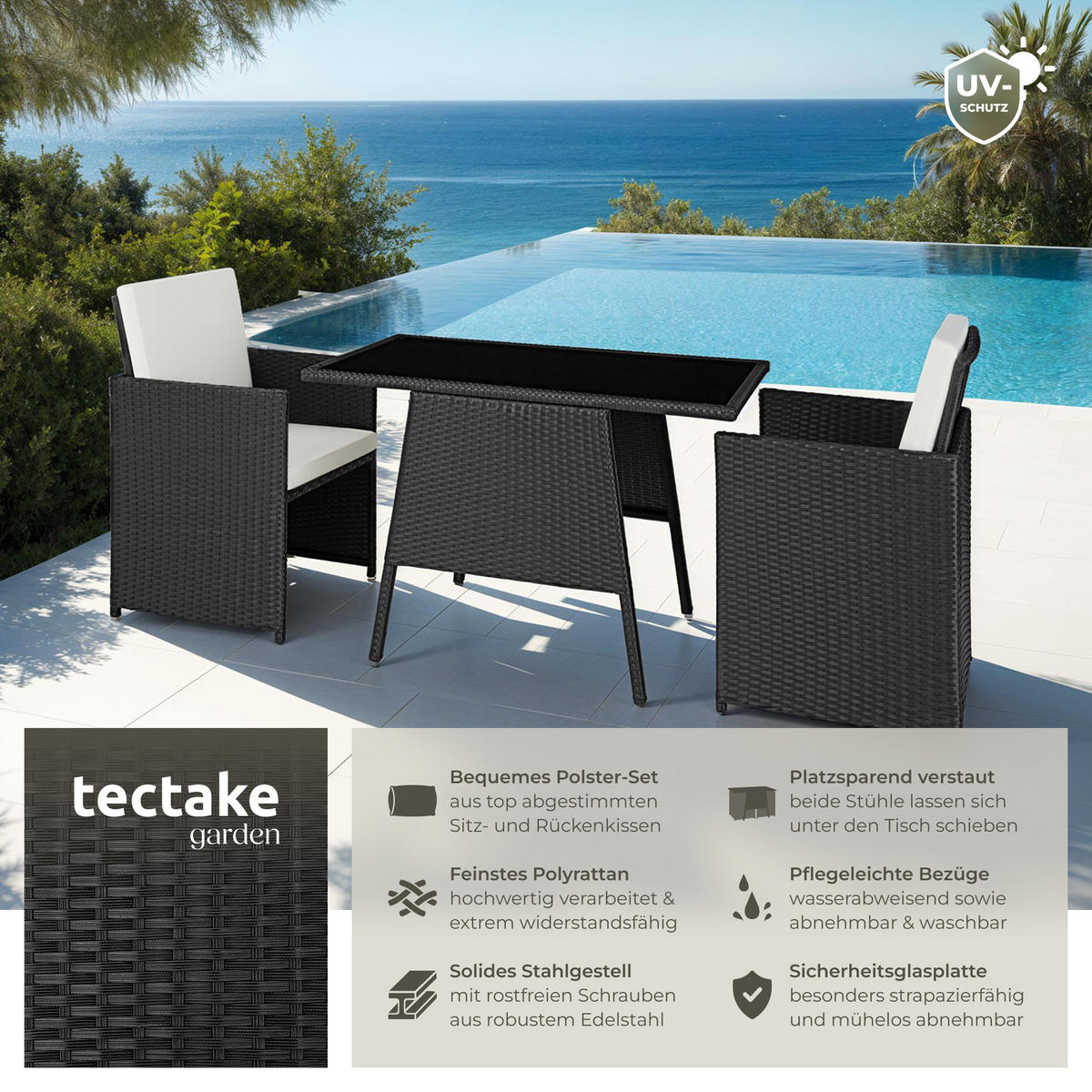RATTAN SITZGRUPPE Lausanne,zusammenschiebbar,schwarz - Schwarz, Kunststoff - tectake