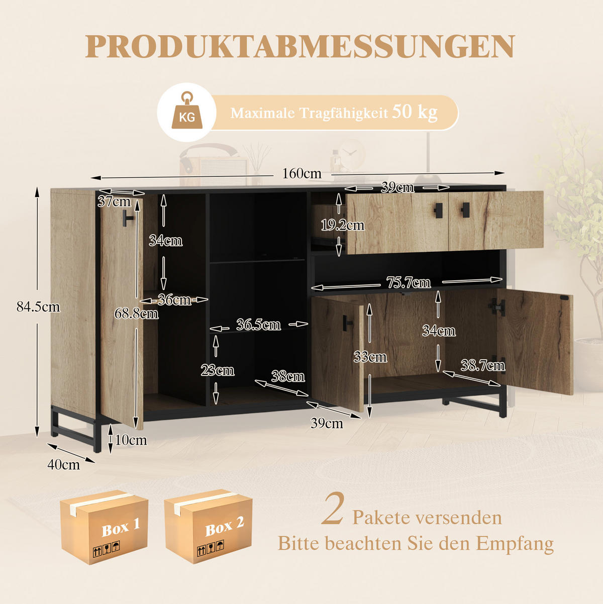 SIDEBOARD 160/40/84,5 cm mit LED-Beleuchtung, Glasregalen und verstellbarem Einlegeboden, Natur - Naturfarben, Holzwerkstoff (160/84.5/40cm) - Redom