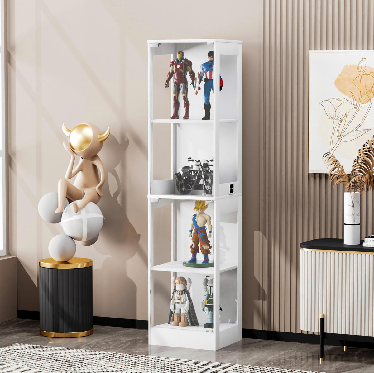 GLASVITRINE aus MDF und Glas 40x35x165 cm Weiß mit LED-Beleuchtung und Bewegungssensor - Weiß, Holzwerkstoff (40/165/35cm) - IVMEU