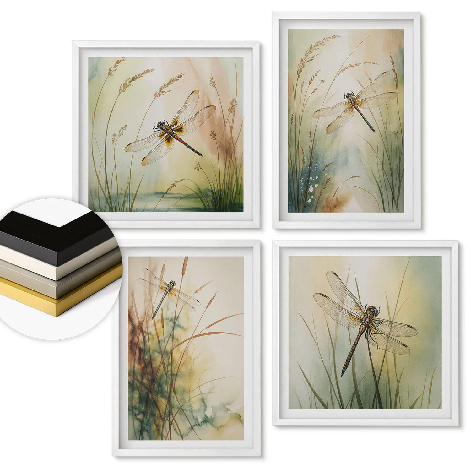 WANDBILDER 4er-Set - 50x50 cm & 40x60 cm Weißer Rahmen - Libellengräser über dem Wasser - Weiß, Kunststoff (50/50cm) - ArtPrintCave