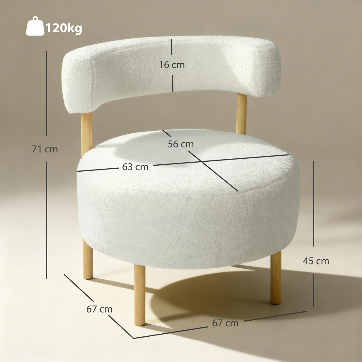 RELAXSESSEL DE-06550 Sherpa-Fleece, Metallbeine in Holzoptik Cremeweiß - Creme, Holz/Textil (67/71/67cm) - ComfortXL