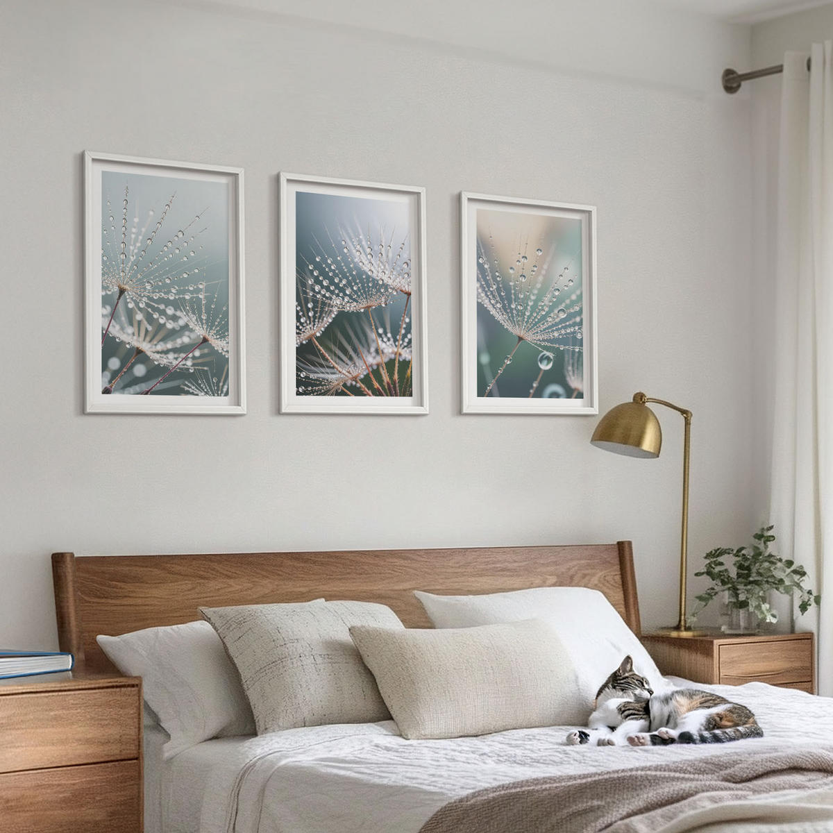 WANDBILDER 3er-Set - 40x60 cm Weißer Rahmen - Wassertropfen auf Löwenzahnsprossen - Weiß, Kunststoff (40/60cm) - ArtPrintCave