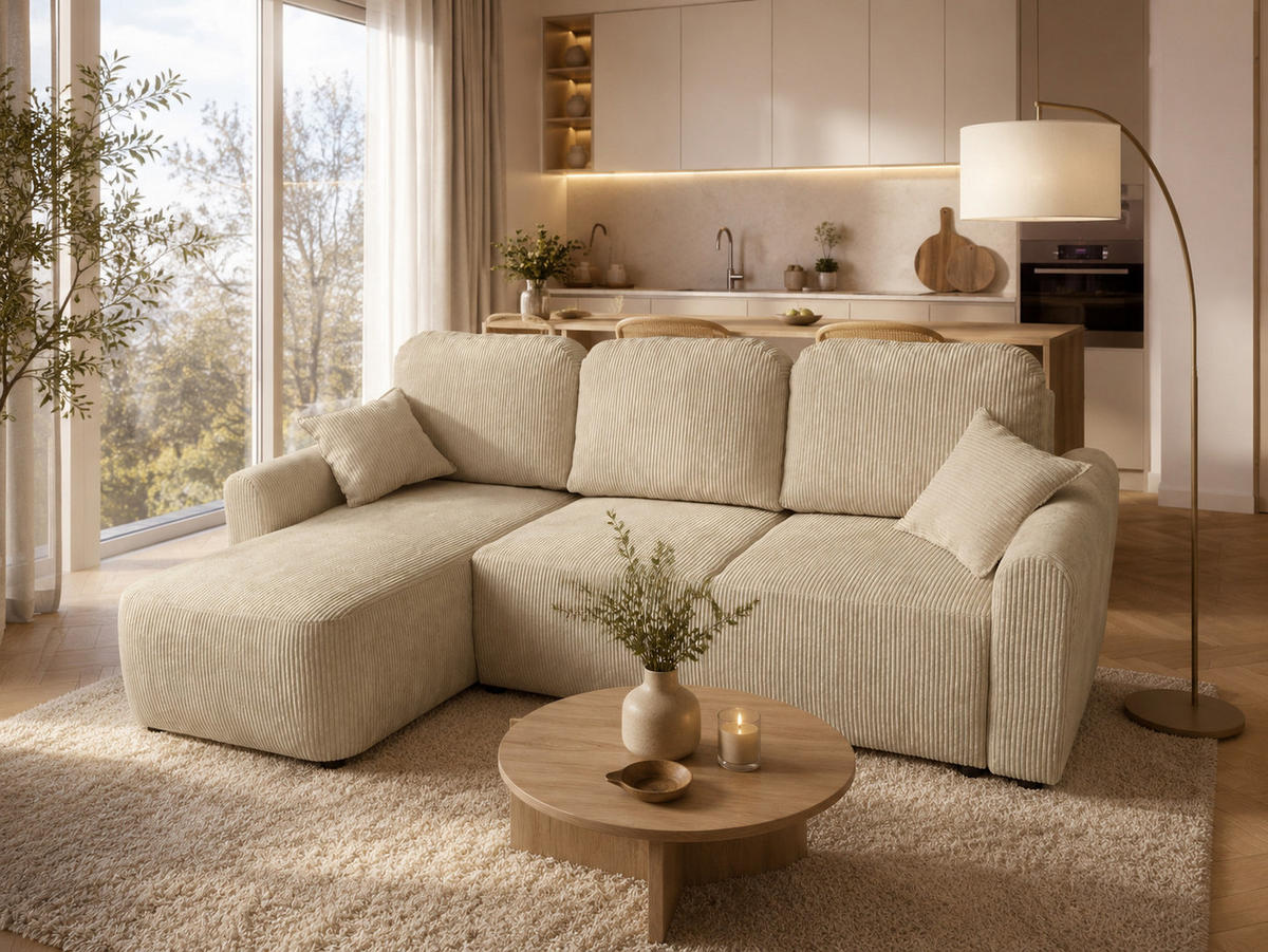 ECKSOFA HENRY in Beige mit Schlaffunktion und Bettkasten - Beige, Textil (232/150cm) - KS Home Concept