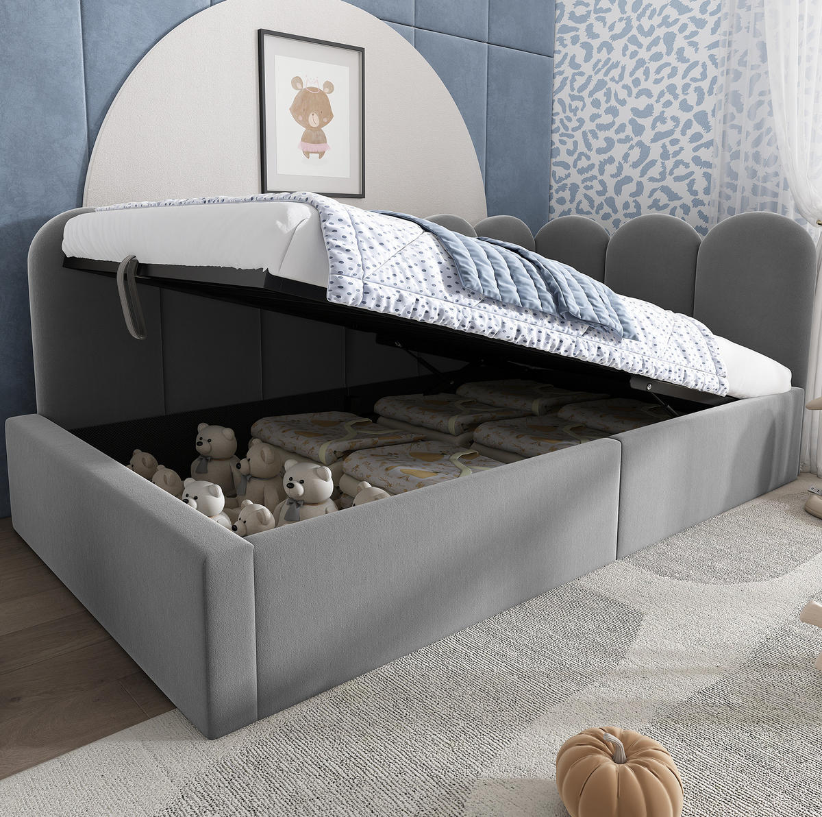 TAPECIRANI dnevni krevet 90/190 cm sivi od baršuna s hidrauličnim spremištem - siva, tekstil (90/190cm) - OKWISH