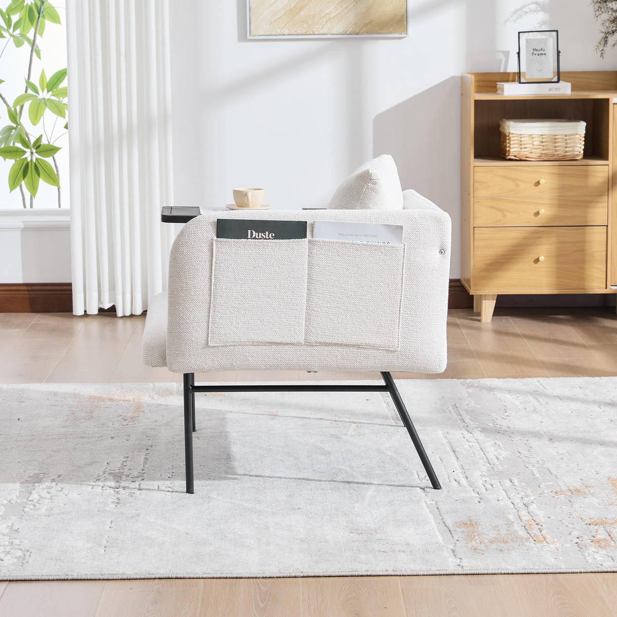 SESSEL Chenille Beige mit Beistelltisch und Seitentaschen - Beige, Textil/Metall (86/71/72cm) - WISHDOR