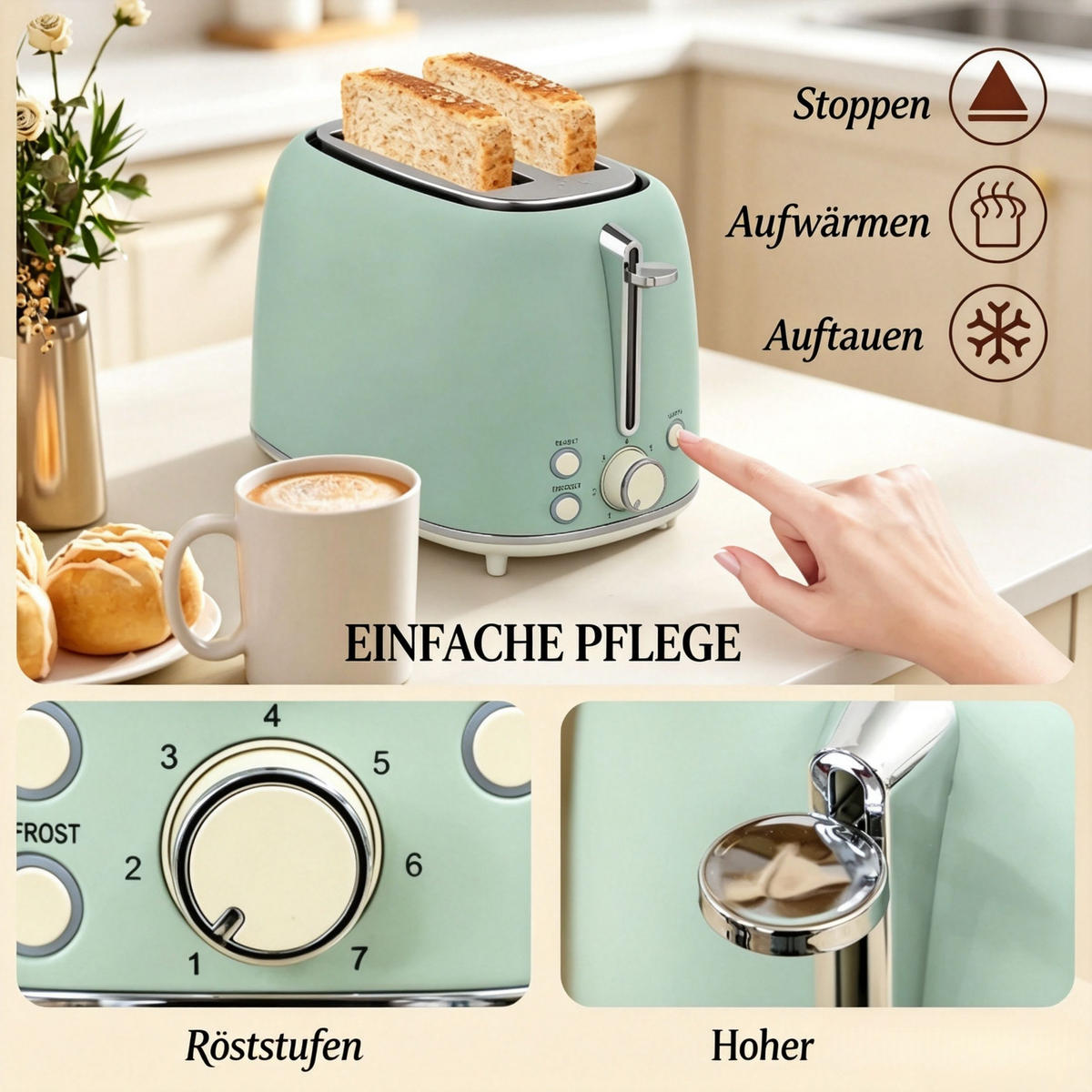 WASSERKOCHER‑SET mit Toaster, 1,7 L kabelloser elektrischer Wasserkocher & 2‑Scheiben‑Toaster, Retro‑Frühstücksset in Mint‑Grün für die moderne Küche - Mintgrün, Metall (17.9/19.2/28.9cm) - Joyfair