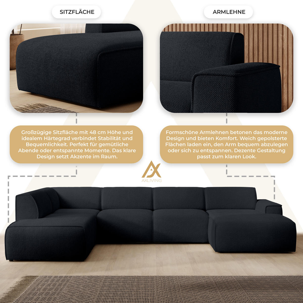 WOHNLANDSCHAFT Didim Schwarz 378/220/78 cm – großes Sofa stilvoll & bequem L - Schwarz, Kunststoff/Textil (220/78/378cm) - AX Living