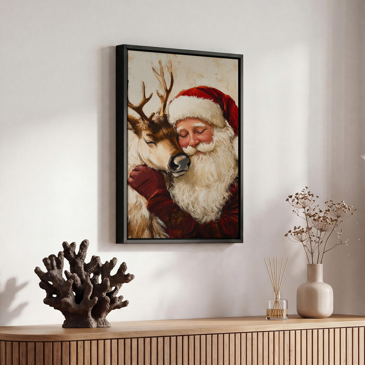 LEINWAND Bilder mit Rahmen - Weihnachtsmann - Rentier - Weihnachten - 20x30 - Rotbraun, Textil (20/30cm) - MuchoWow