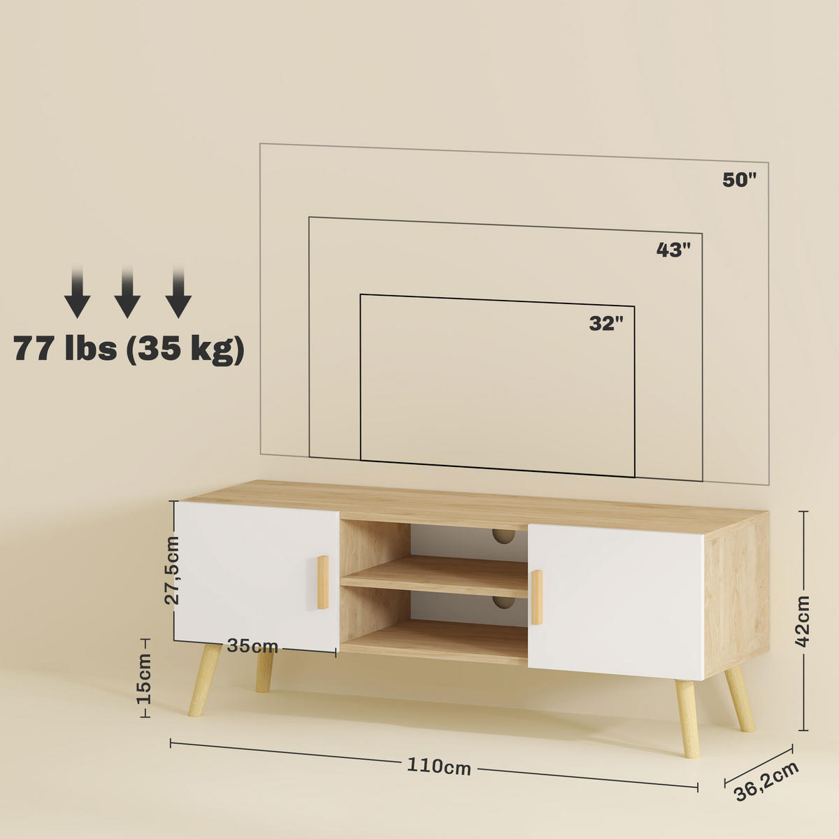 LOWBOARD DE-16108 bis 50 Zoll mit 2 Türen & offenen Fächern Eiche - Eichefarben, Holzwerkstoff (110/42/36.2cm) - ComfortXL
