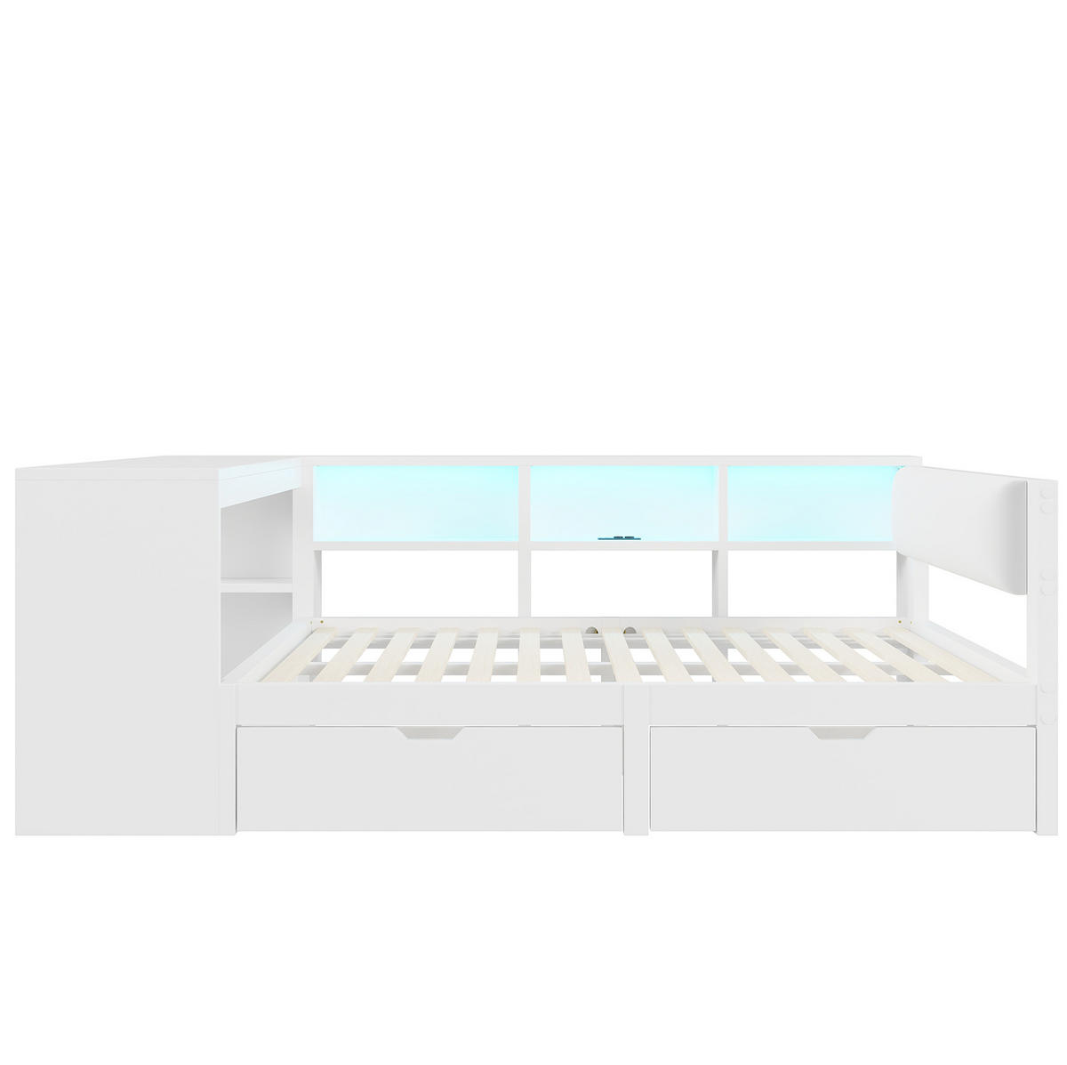 MULTIFUNKTIONSBETT 140/200 cm Weiß mit LED-Beleuchtung Ladestation Stauraum und gepolstertem Kopfteil - Weiß, Holzwerkstoff (140/200cm) - OKWISH