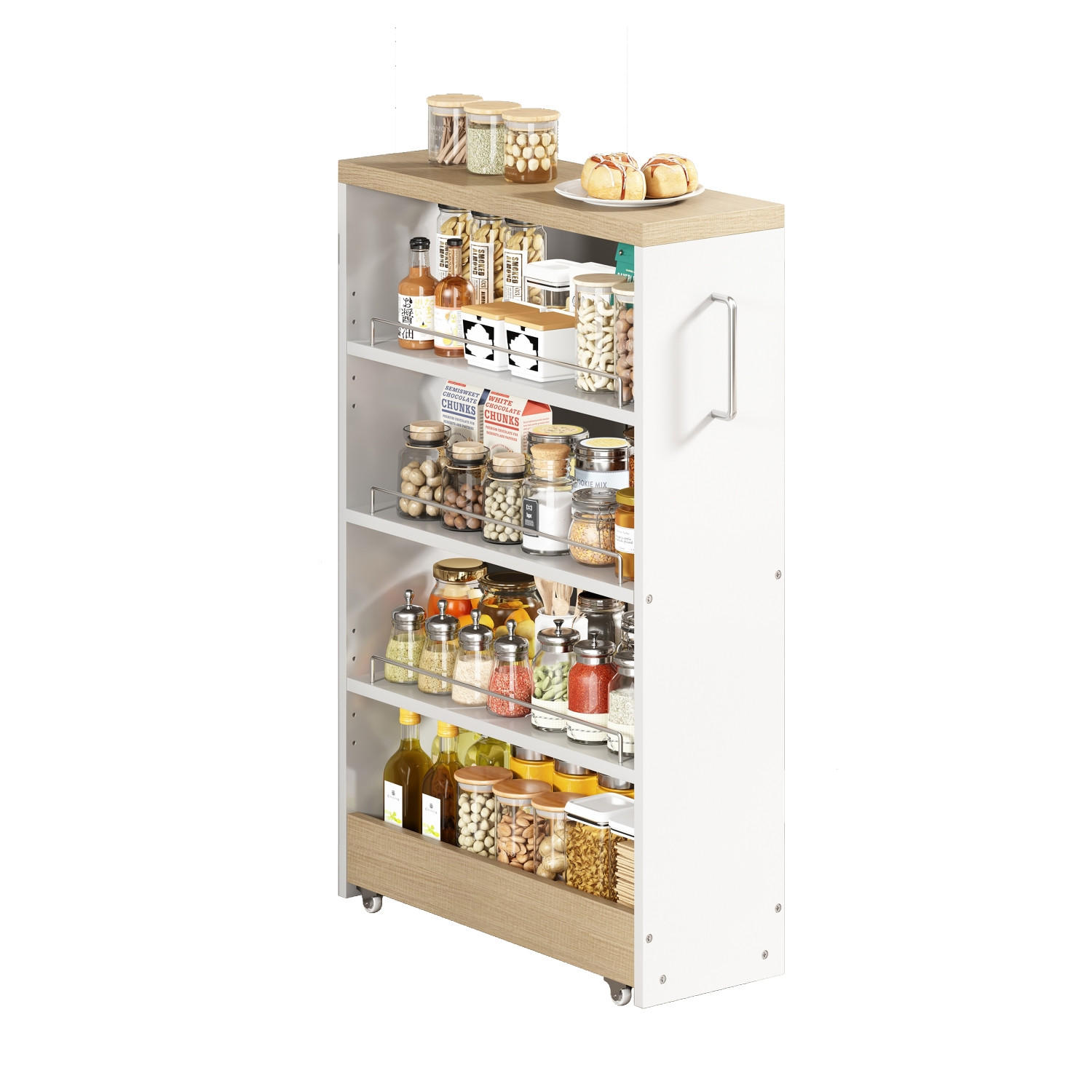 KÜCHENSCHRANK16 CM SCHMAL Küchenwagen auf Rollen, 55/16/85 cm, MDF, Weiß mit Holzoptik, MIT 4 VERSTELLBAREN REGALBÖDEN, für Küche und Bad - Weiß, Holzwerkstoff (16/85/55cm) - Rolipo