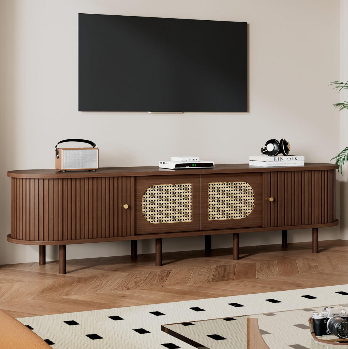 LOWBOARD 180/40/40 cm aus MDF mit Rattan-Fronten und Rollladentüren Walnussfarben - Braun, Holzwerkstoff (180/40/40cm) - Modenvie