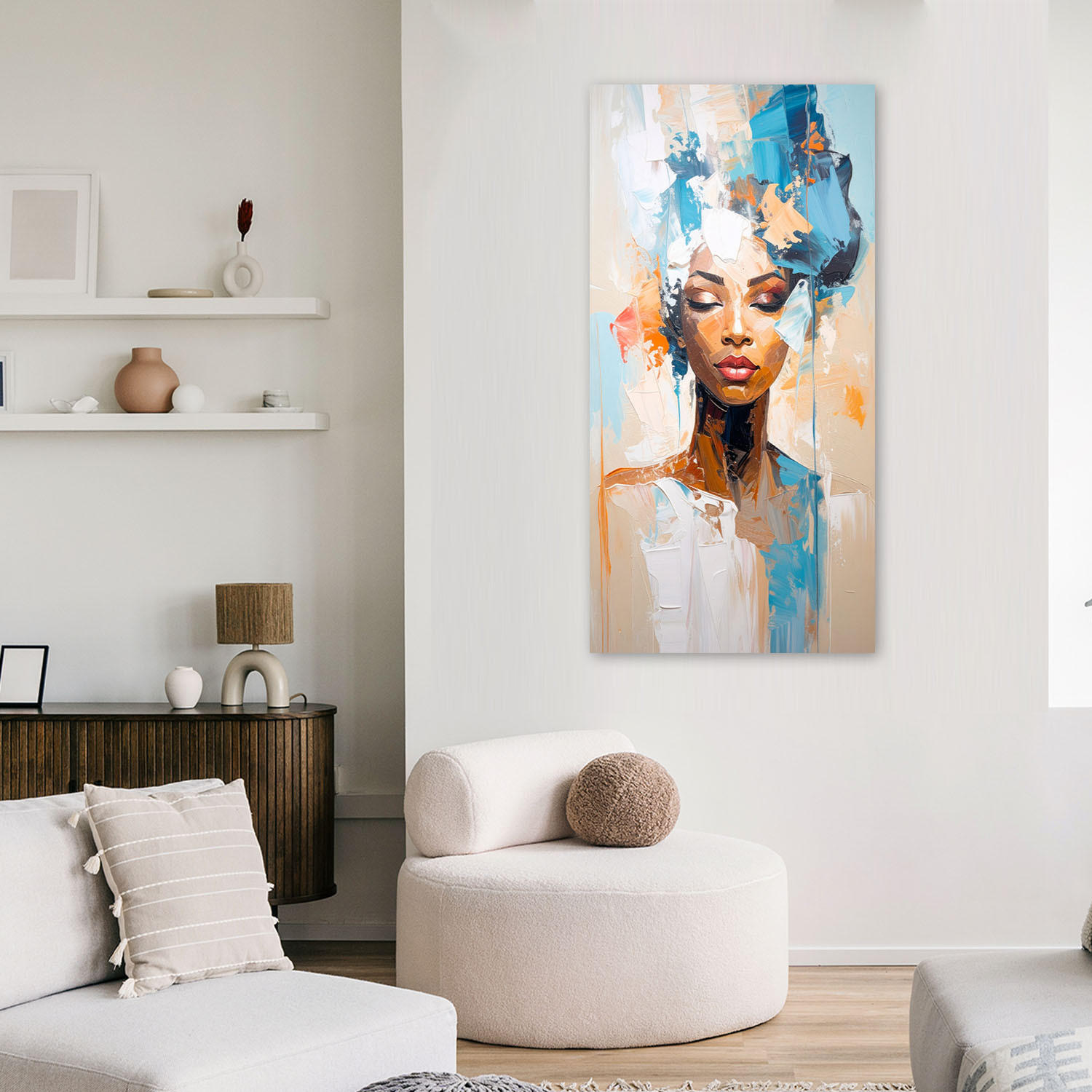 LEINWANDBILD Abstraktes Porträt einer Frau in Türkis 60x120cm - Multicolor, Textil (60/120cm) - Feeby