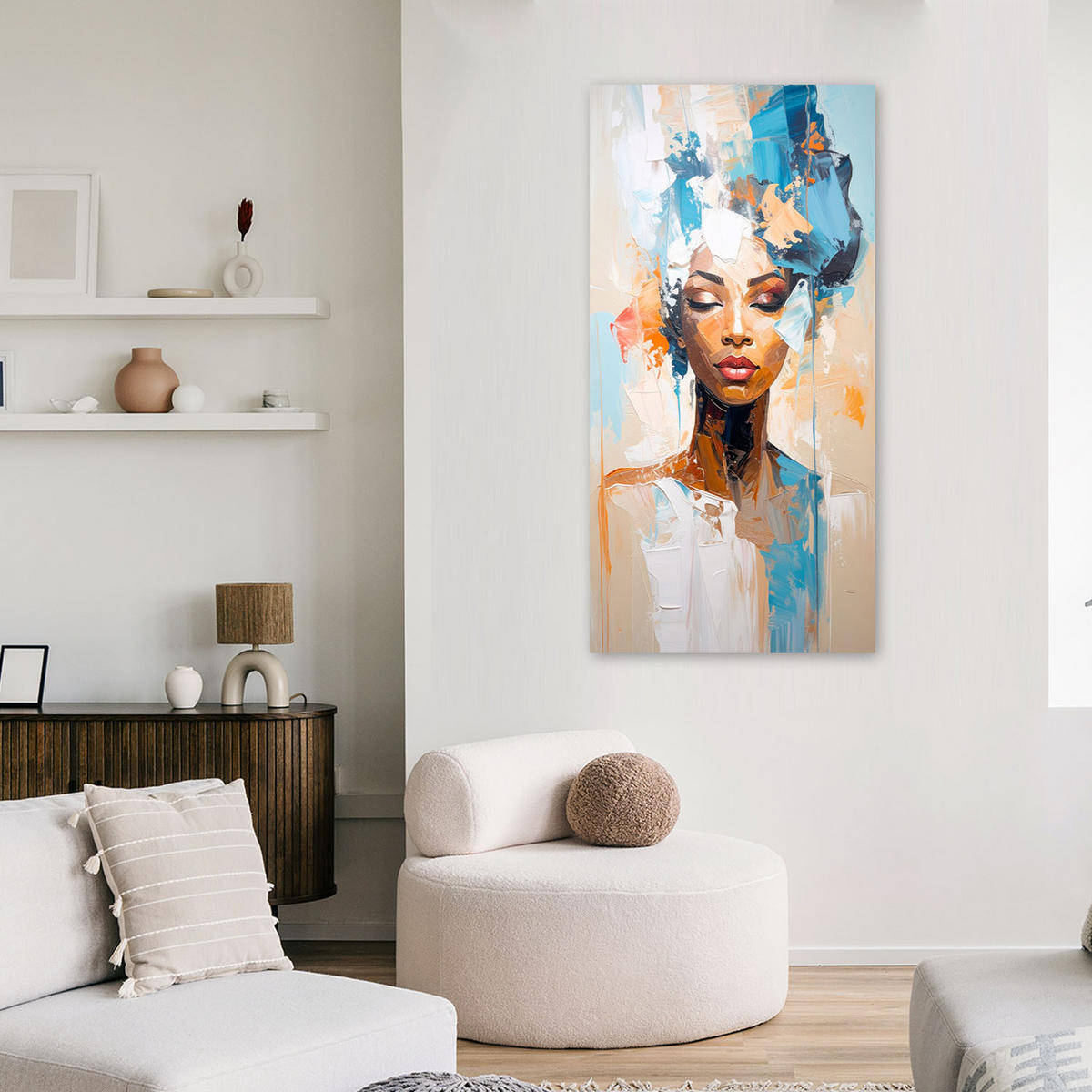 LEINWANDBILD Abstraktes Porträt einer Frau in Türkis 60x120cm - Multicolor, Textil (60/120cm) - Feeby