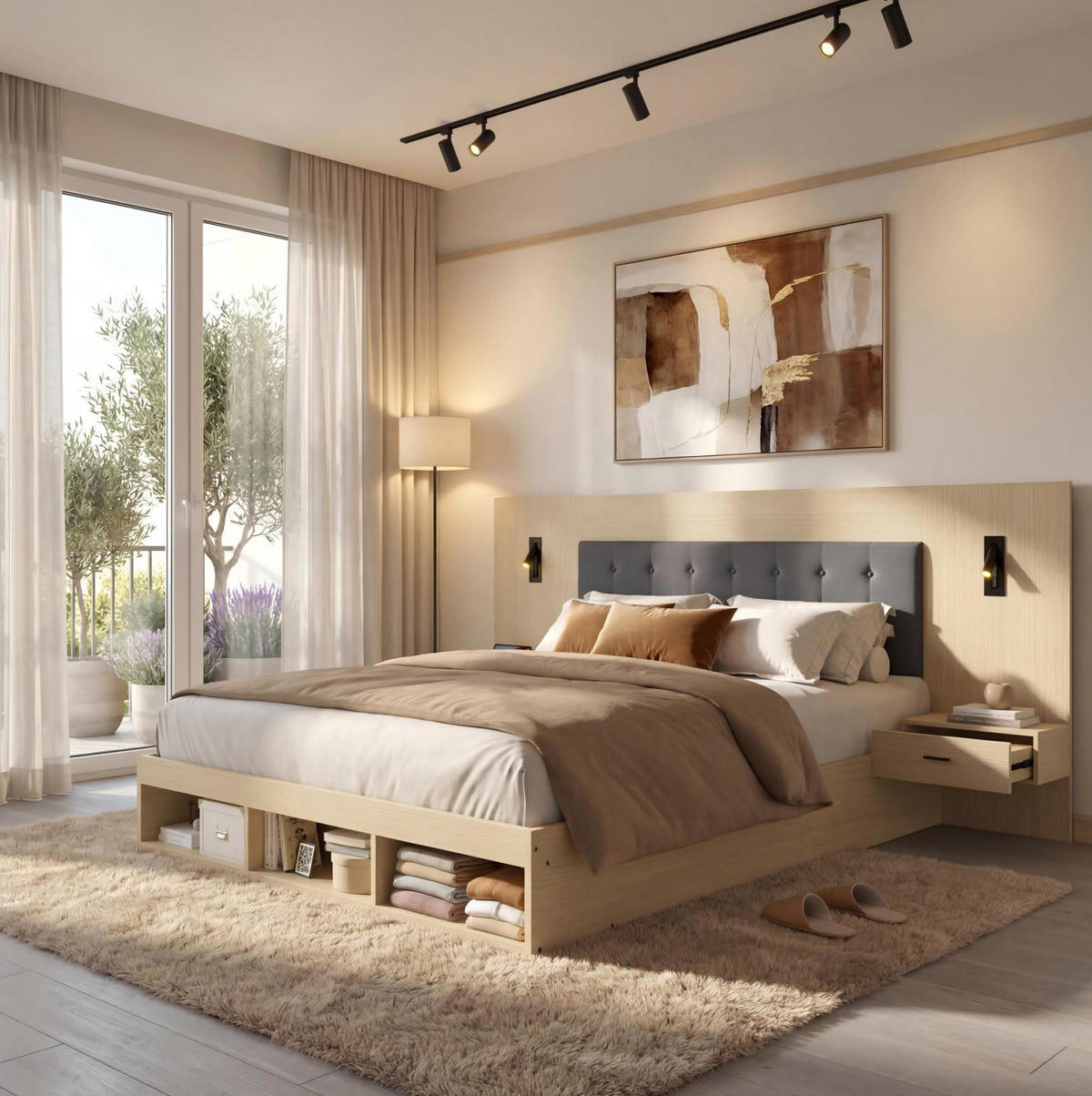 DOPPELBETT 180/200 cm mit USB- & Type-C-Anschluss, drehbaren Leselampen, 2 Nachttischen und Stauraum, MDF, Helle Eiche - Eichefarben, Holzwerkstoff (180/200cm) - Redom