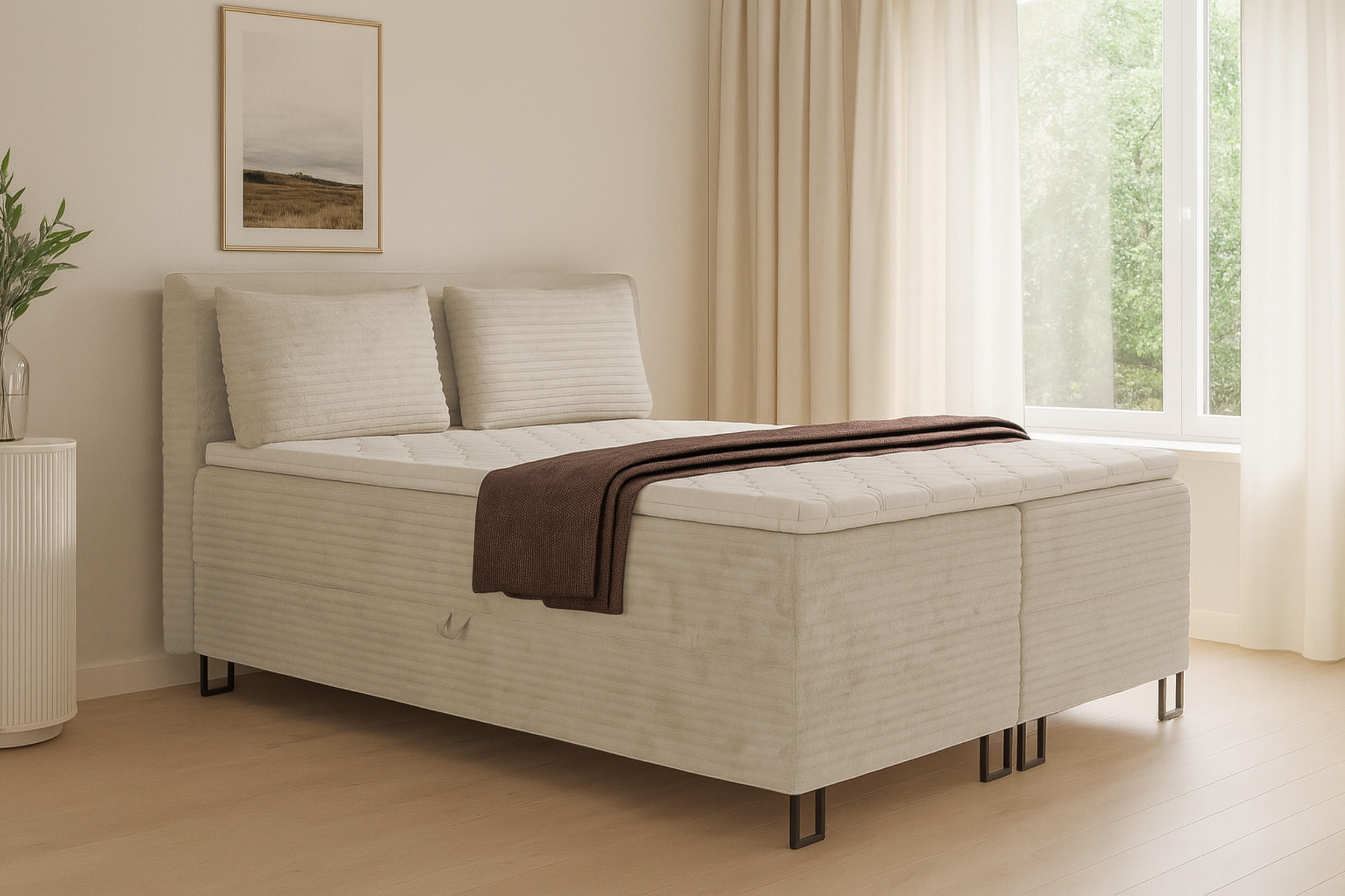 BOXBETT TEXAS 160/200 in Cord Beige mit Taschen-Federkernmatratzen 7 Zonen H4 - Beige, Holz/Holzwerkstoff (160/200cm) - Deine Möbel 24