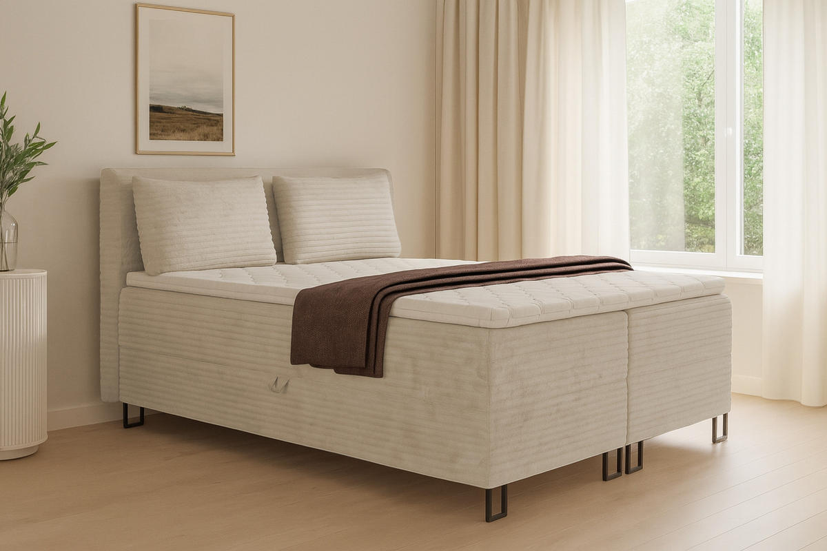 BOXBETT TEXAS 180/200 in Cord Beige mit Bonell-Federkernmatratzen H3 - Beige, Holz/Holzwerkstoff (180/200cm) - Deine Möbel 24