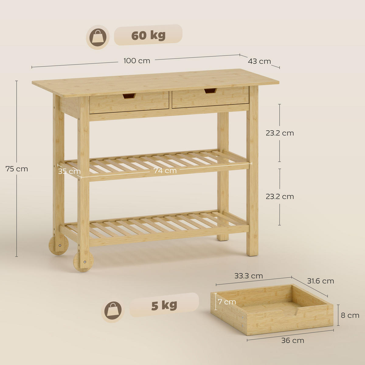 KÜCHENWAGEN, Bambus-Wagen mit 2 Schubladen, 100 x 43 x 75 cm, Holz - Multicolor, Metall (100/75/43cm) - FORIOUS