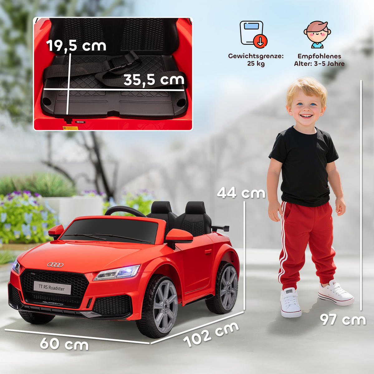 KINDERFAHRZEUG Fernbedienung Elektroauto MP3 3–5 Jahre Kunststoff Rot - Rot, Metall (102/60/44cm) - HOMCOM