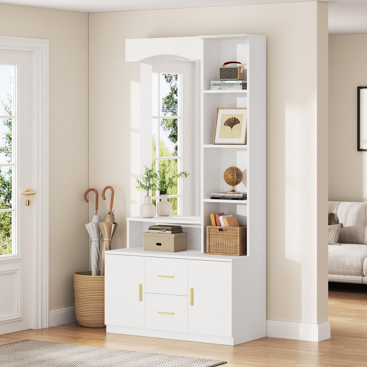 DIELENGARDEROBE mit Spiegel 90/40/180 cm in Weiß mit Schuhschrank und 2 Schubladen - Weiß, Holzwerkstoff (90/180/40cm) - BEAOK
