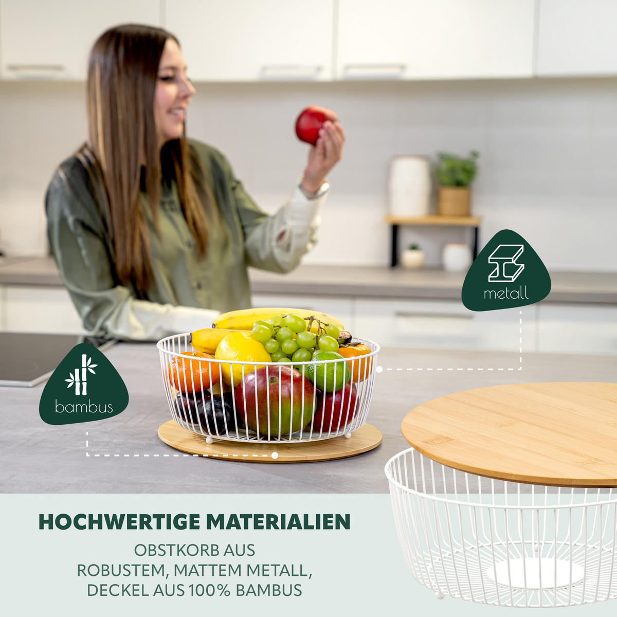 OBSTKORB mit Bambusdeckel, weiß, rund - Weiß, Metall (12.5cm) - eluno