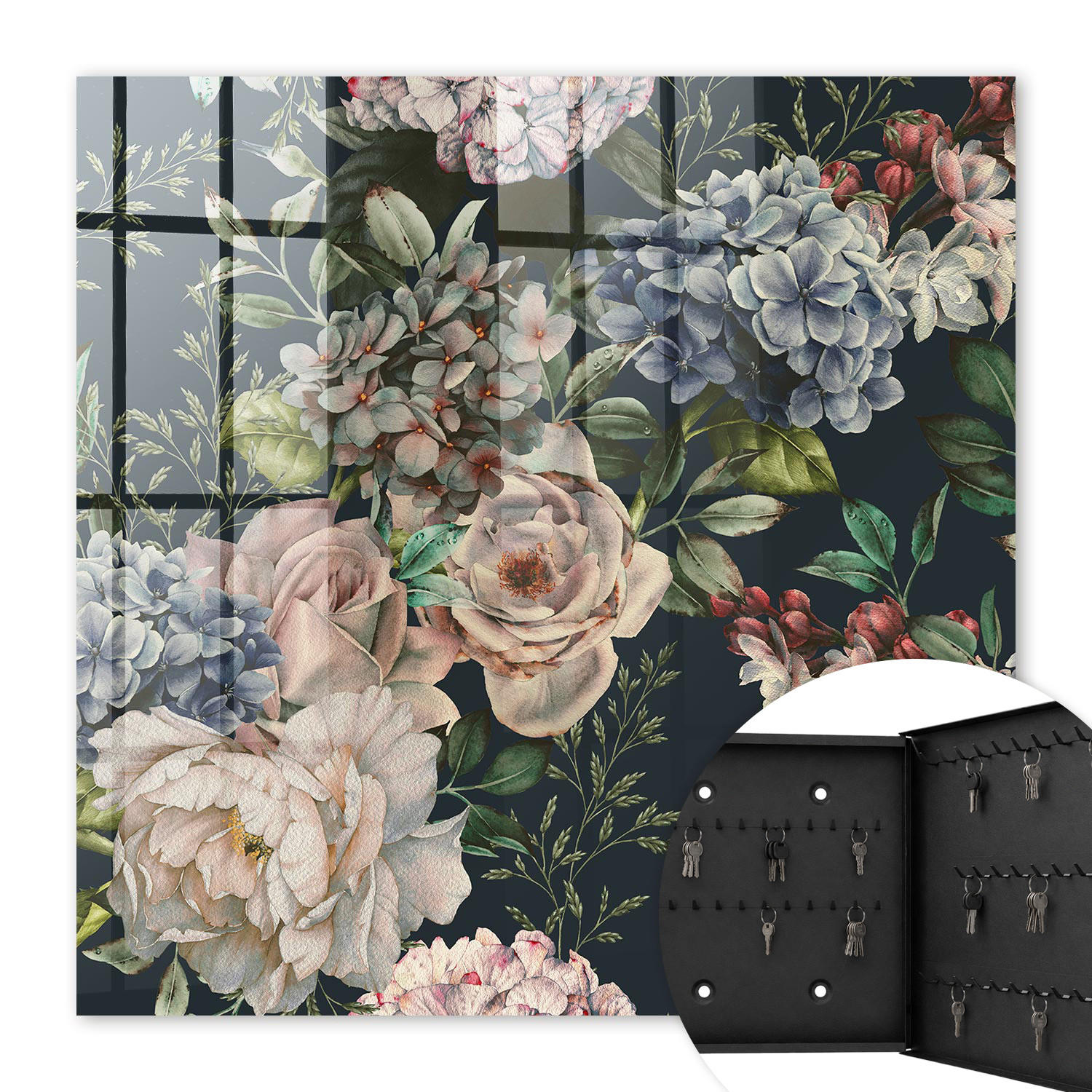 SCHLÜSSELBOX Schwarz 30x30 cm- Türöffnung nach rechts - Blumenmuster - Grün, Metall (30/30/5cm) - TULUP