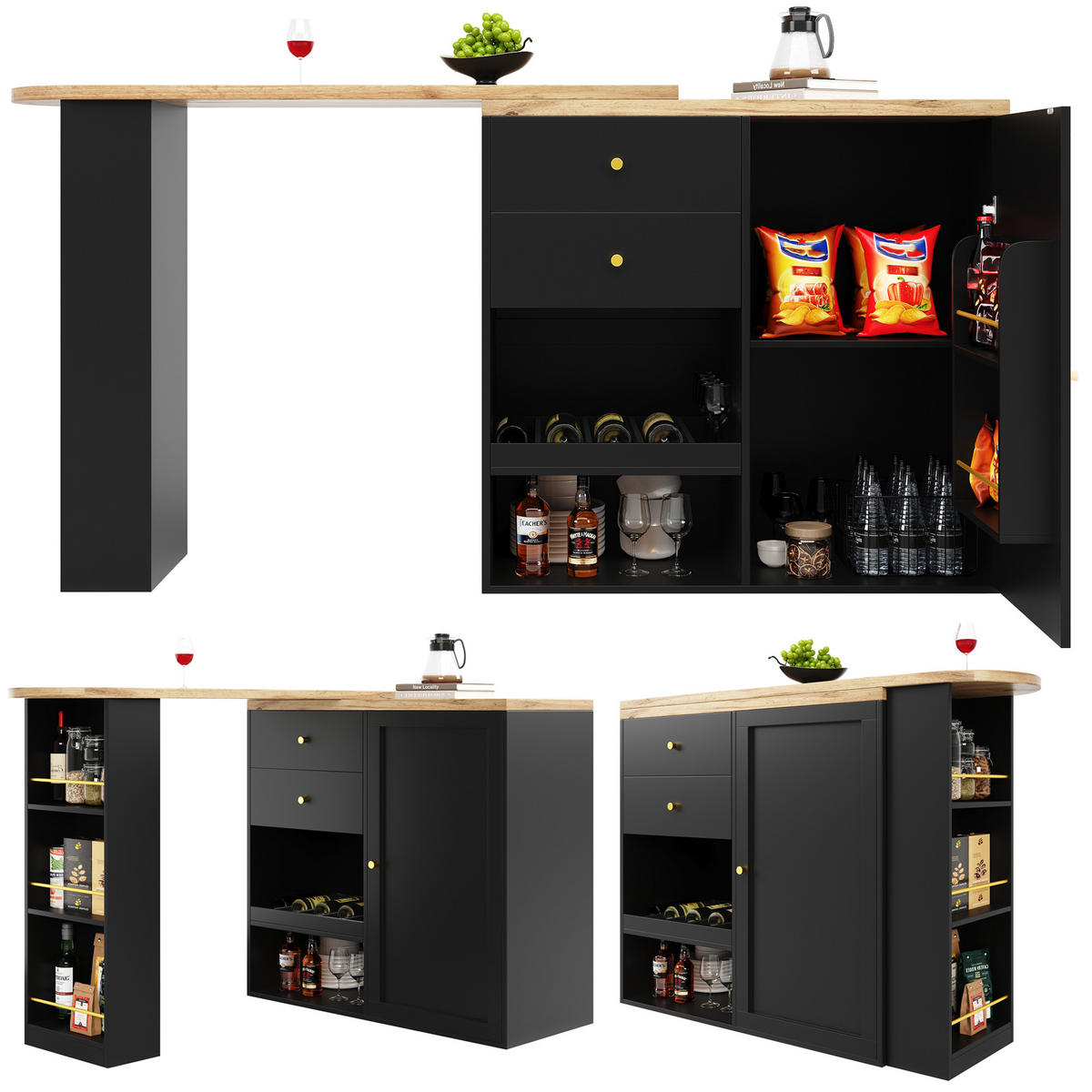 DREHBARER Bartisch/Schrank aus MDF, 105/39/102 cm + drehbares Regal, Schwarz, mit 4 Schubladen - Schwarz, Holzwerkstoff (39/102/105cm) - Redom