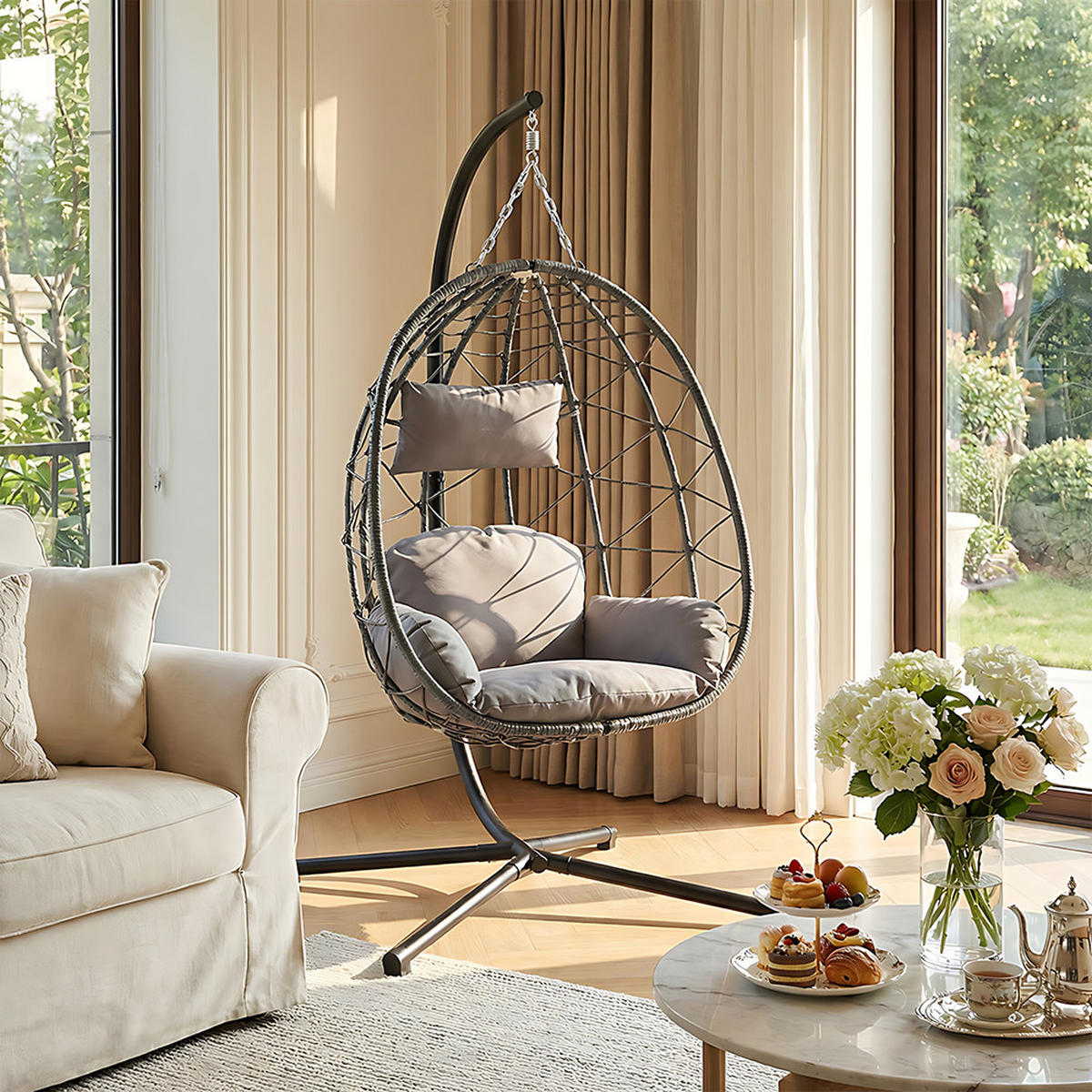 HÄNGESESSEL mit Gestell und Kissen aus Stahl PE-Rattan Polyester in Braun Schwarz Mittelgrau100 cm x 100 cm x 195 cm - Grau, Metall (100/195/100cm) - Livingandhome