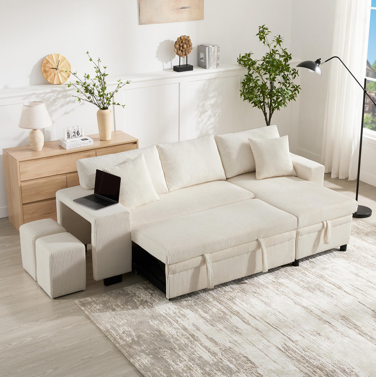 ECKSOFA 231/131.5/84 cm Beige aus Cord mit Schlaffunktion und Stauraum - Beige, Textil (131.5/231cm) - OKMYHOME