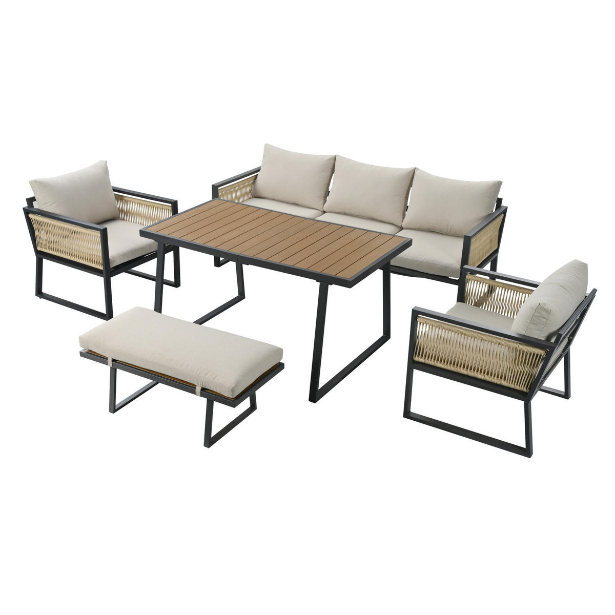 GARTENMÖBEL-SET 187/67/63 cm beige aus verzinktem Stahl und Polyester mit Kunststoffholz-Tischplatte - Beige, Textil - OKWISH