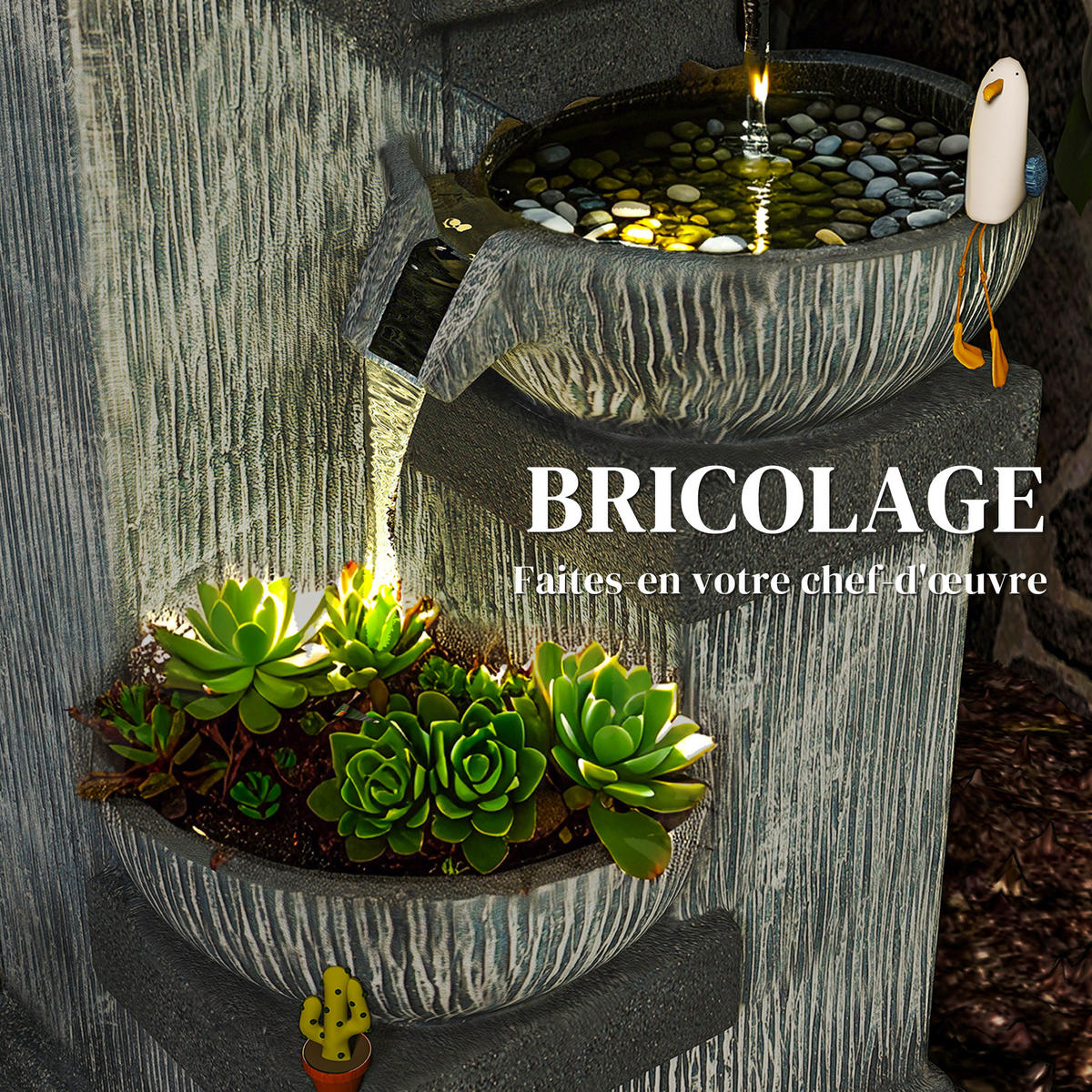 GARTENBRUNNEN DE-18874 4-stufige Kaskade mit LED Grau - Grau, Kunststoff (38/36/85cm) - ComfortXL