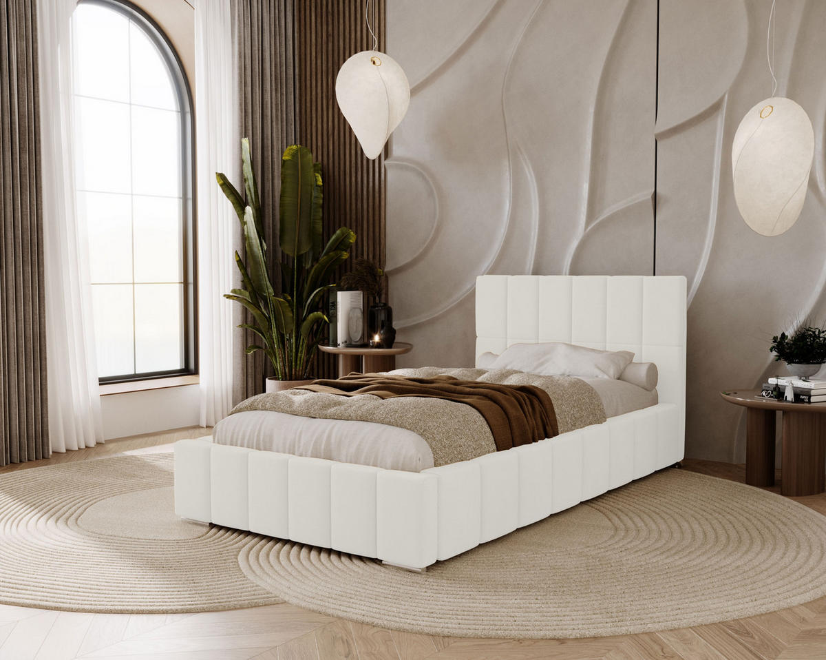 POLSTERBETT Alma 90x200 cm, Einzelbett mit Bettkasten und Lattenrost aus Holz, Velourstoff: Weiß - Weiß, Holz/Kunststoff (90/200cm) - Marpur