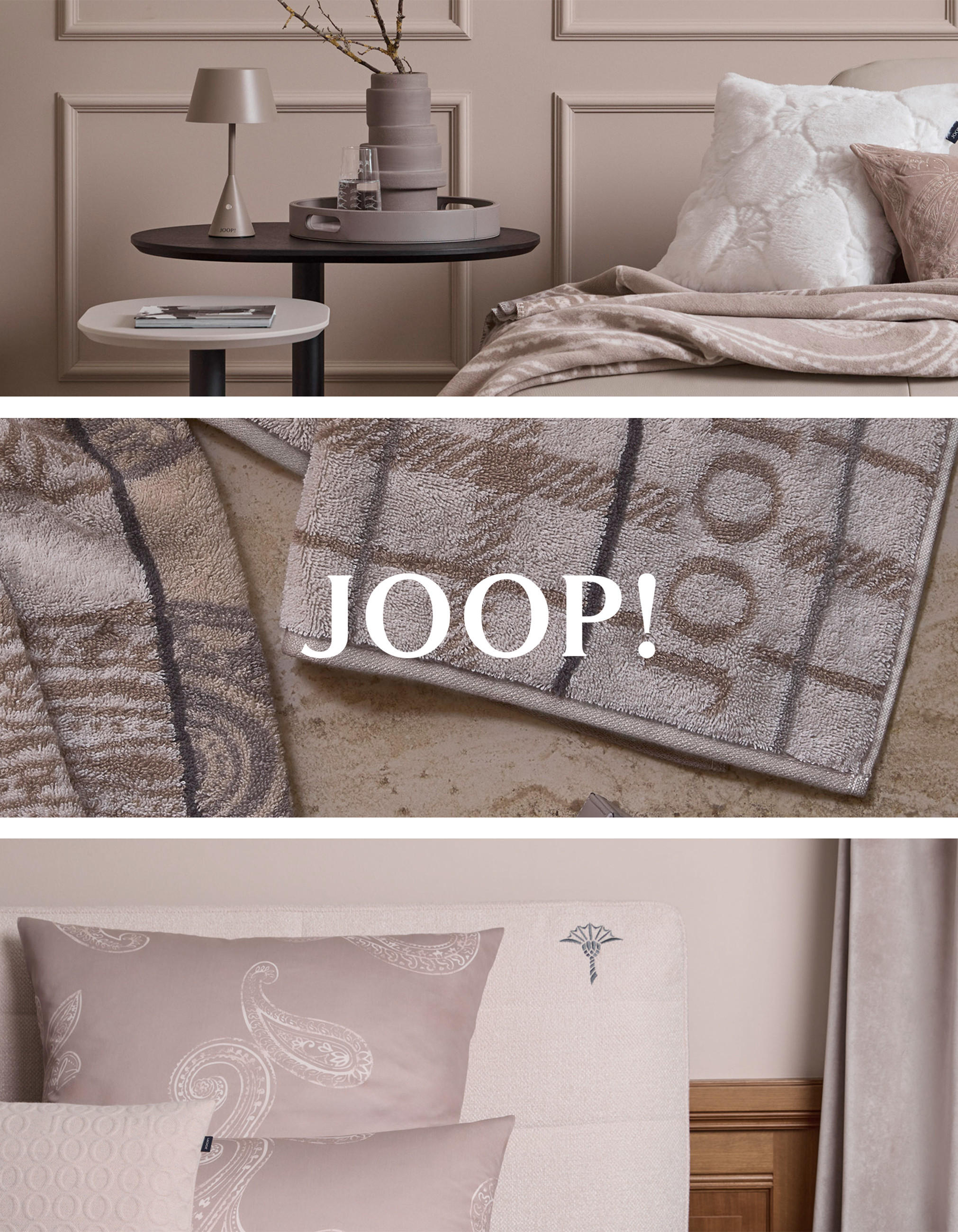 Dreier Collage von Wohnraummilieus mit Textilien aus der Kollektion Westminster Shadows der Marke JOOP! Living, mit mittig platziertem Logo. 