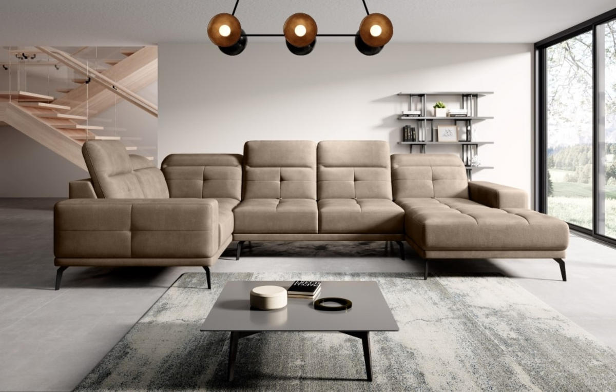 WOHNLANDSCHAFT mit Sitztiefenverstellung, wasserabweisender Nube-Stoff der Spitzenklasse - Hellbraun/Schwarz, Textil/Metall (350/77/210cm) - Eltap