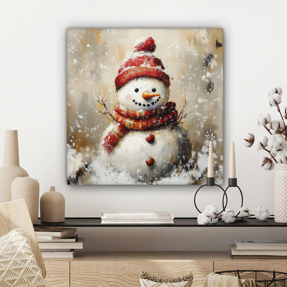 LEINWANDBILD Schneemann - Winter - Schnee - Beige 50x50 cm - Weiß, Textil (50/50cm) - MuchoWow